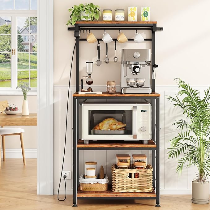 SNTD Bakers Rack with Power Outlet, Microwave Stand, Rustic Brown, 21.7" W | Coffee Stand, 4 Tiers Kitchen Storage Shelves, 10 Hooks, Metal Frame, X-Shaped Reinforcement