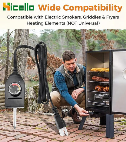 Replacement Power Cord with Adjustable Thermostat Control – 125V 15A, 50°F–450°F Temp Range, Compatible with Electric Smokers, Griddles & Fryers Heating Elements (NOT Universal)