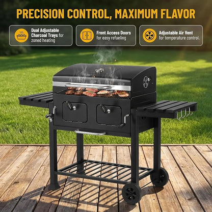 Extra Large Charcoal Grill, Outdoor BBQ Grill with Dual Adjustable Charcoal Doors, Foldable Side Tables for Backyard, Camping, and Picnic Cooking, Black