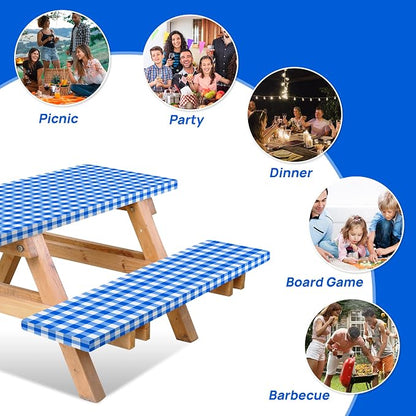 Vinyl Fitted Picnic Table Cover with Bench Covers & Blue 6ft Blue Checkered | Vinyl Fitted Picnic Table Cover with Bench Covers and Bag, Outdoor Waterproof Windproof Picnic Tablecloth with Elastic Edges.
