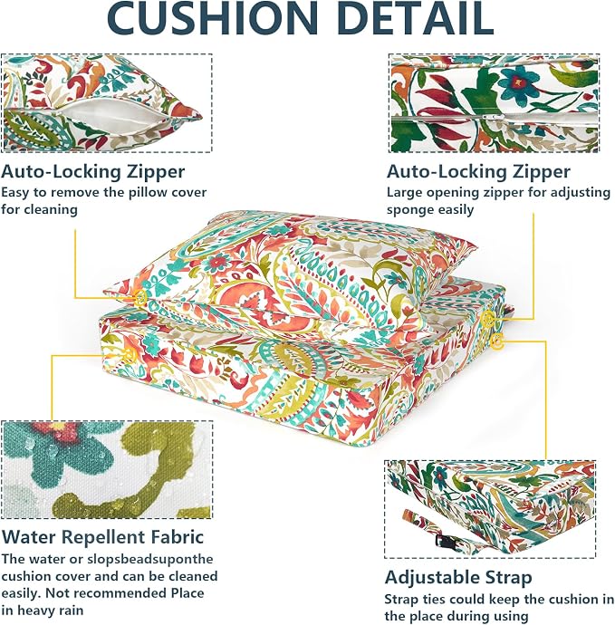 DYTXIII Outdoor Deep Seat Cushion Set, Water Repellent 22"x22" Patio Thick Cushions Replacement with Seat & Back Pillow for Patio Sofa, Wicker Chair, Couch - Pretty Paisley