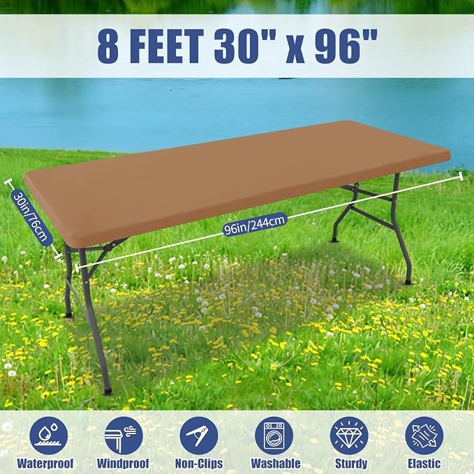 Moosfor Spandex 8 Foot Rectangle Table Cloth, Elastic Fitted Tablecloths for Picnic, Stretch Washable Patio Table Cover for Outdoor, Camping, Banquet and Parties (Light Brown, 30"x96")