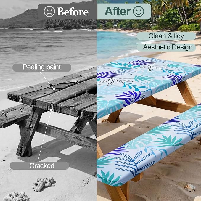 Picnic Table Cover Bench Covers Camping Essentials Tablecloth | Waterproof Vinyl for Outdoor, Windproof Elastic Fitted Edges, RV BBQ Accessories Must Haves, Storage Bag Included