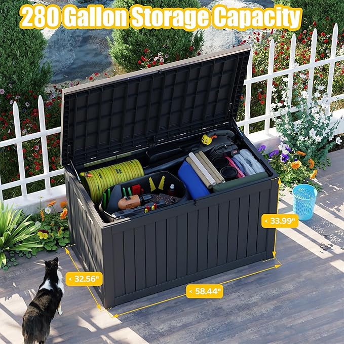 280 Gallon Outdoor Storage Box Waterproof - Outside Resin Deck Box, Lockable Storage Bin for Patio Furniture,Garden Tools,Cushions,Pool Accessories(Black)