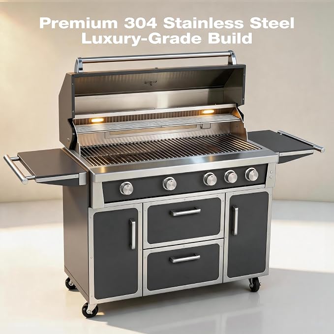 LPG 4 Cast Burners Outdoor Kitchen Grill Island, 99,000 BTU, Grey Painting