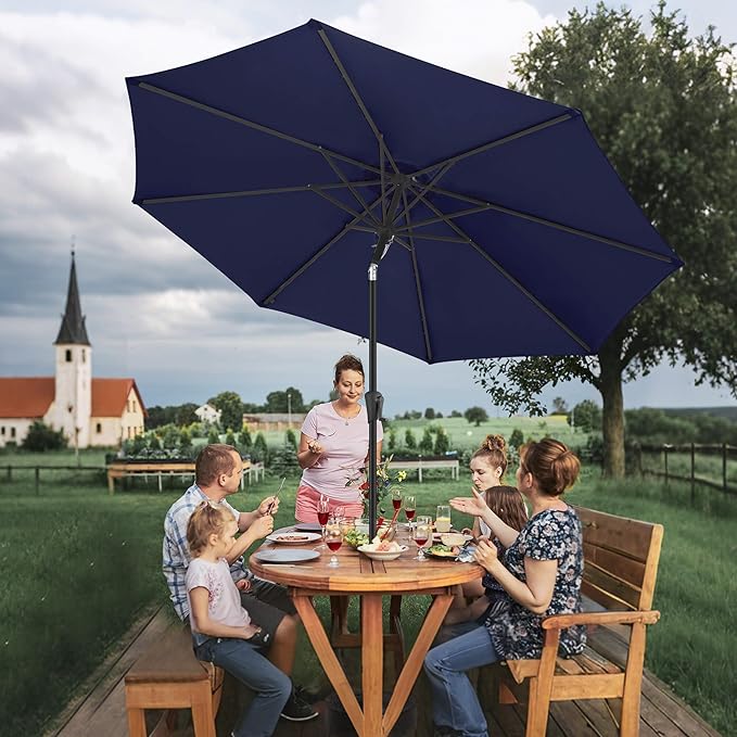 FLAME&SHADE 10ft Solar Outdoor Umbrella - 24 LED Lighted Patio Umbrella with Centre Surround Light, Table Umbrellas with Tilt & Crank for Pool, Porch, Garden, Deck, Backyard UV Protection (Navy Blue)