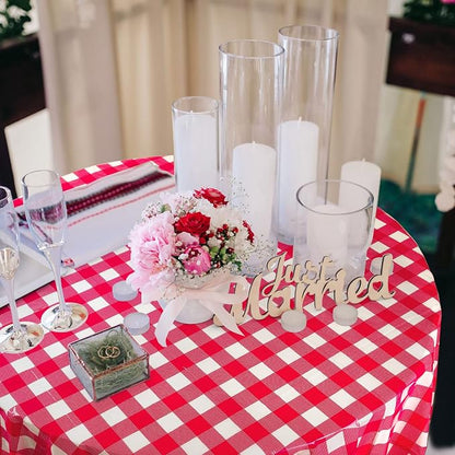 Disposable Checkered Tablecloth Round Plastic Buffalo Plaid Table Cloth 84'' Gingham Tablecover for Picnic Camping BBQ Graduation Party(Red and White,3 Pieces)