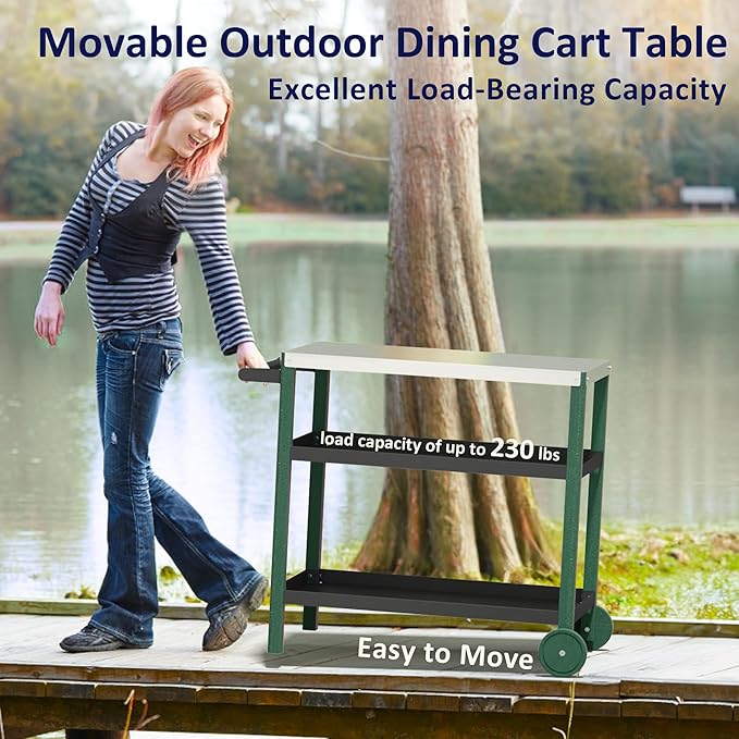 TORVA Outdoor Prep Grill Cart, Honeycomb Style Wear-Resistant Tabletop with High Load-Bearing Portable BBQ Cart, HDPE Durable Frame 3-Tier Storage Cart, Black Green