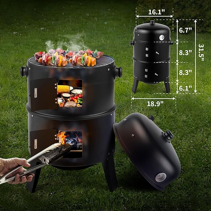18 Inch Multi-Layer Charcoal BBQ Smoker Grill, Heavy Duty Round Grill, Vertical Smoker with Thermometer, for Outdoor Cooking, Patio, Parties, Backyard