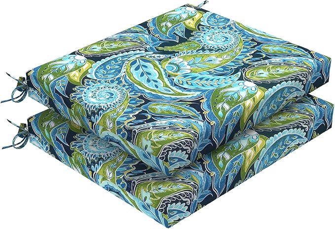 DYTXIII Set of 2 Outdoor Chair Cushions, Water Resistant 18.5"x16"x2" Square Seat Cushion for Patio Dining Chairs, High-Density Replacement Pads for Indoor Outdoor Furniture - Paisley Lapis Green