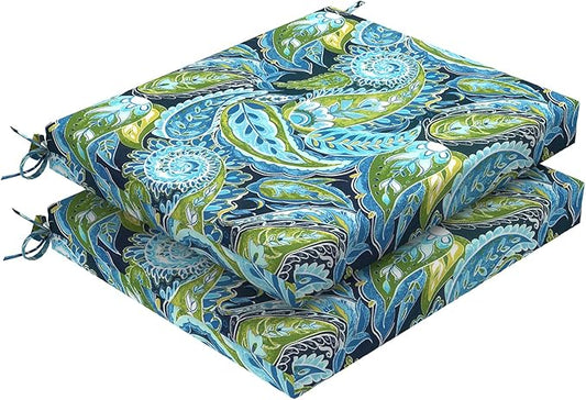 DYTXIII Set of 2 Outdoor Chair Cushions, Water Resistant 18.5"x16"x2" Square Seat Cushion for Patio Dining Chairs, High-Density Replacement Pads for Indoor Outdoor Furniture - Paisley Lapis Green