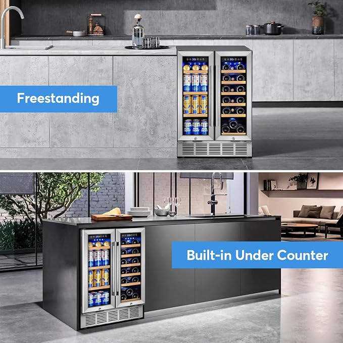 24" Dual Zone Wine and Beverage Refrigerator, Under Counter with Glass Door | 18-Bottle 88-Can capacity, Fast cooling, LED blue light, Temp control, Energy efficient compressor, Freestanding or built-in