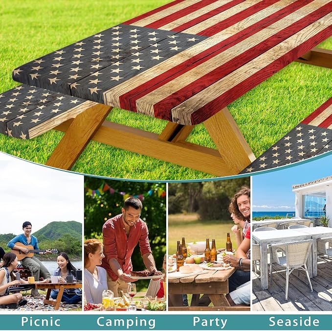 Retro American Flag Picnic Table Cover with Bench Covers Set | Wood Texture Waterproof Elastic Edges Camping Tablecloths Fitted Picnic Table Cover for Outdoor, Camping, 3Pcs 30x96 Inch