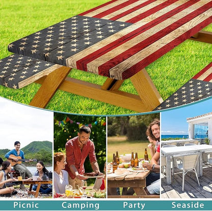 Retro American Flag Picnic Table Cover with Bench Covers Set | Wood Texture Waterproof Elastic Edges Camping Tablecloths Fitted Picnic Table Cover for Outdoor, Camping, 3Pcs 30x96 Inch