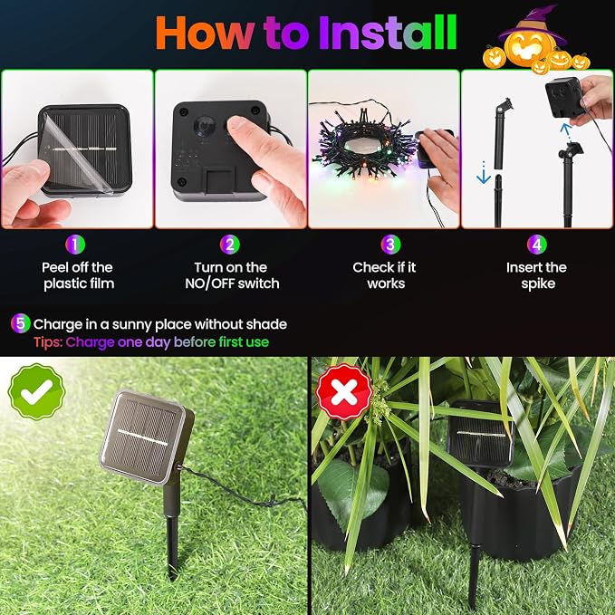 Halloween Lights Outdoor Solar String Lights Waterproof for Halloween Decorations, Total 100LED 45FT for Garden Yard Pathway Fence, Orange Purple Green 8 Modes 50LED x 2 Packs
