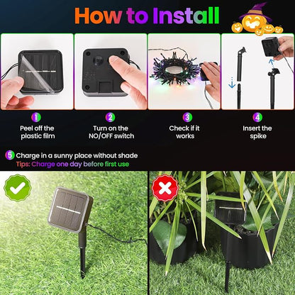 Halloween Lights Outdoor Solar String Lights Waterproof for Halloween Decorations, Total 100LED 45FT for Garden Yard Pathway Fence, Orange Purple Green 8 Modes 50LED x 2 Packs