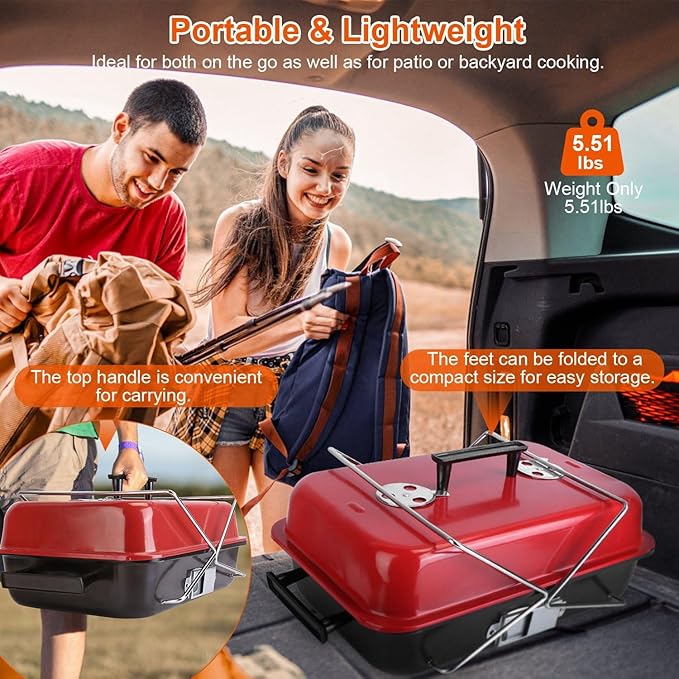Portable Charcoal Grill, Outdoor Tabletop BBQ Grill, Compact Folding Barbecue Smoker with Lid for Backyard Camping Picnics Beach, Small Charcoal Grill with Ventilated Cooking Chamb