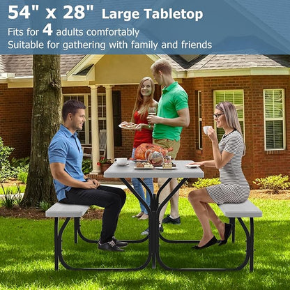GYMAX Picnic Table, Picnic Bench Easy to Assemble w/All Weather Wood Grain Tabletop & Metal Frame, Picnic Tables for Outdoors Camping Backyard Deck Patio Poolside Dining Party