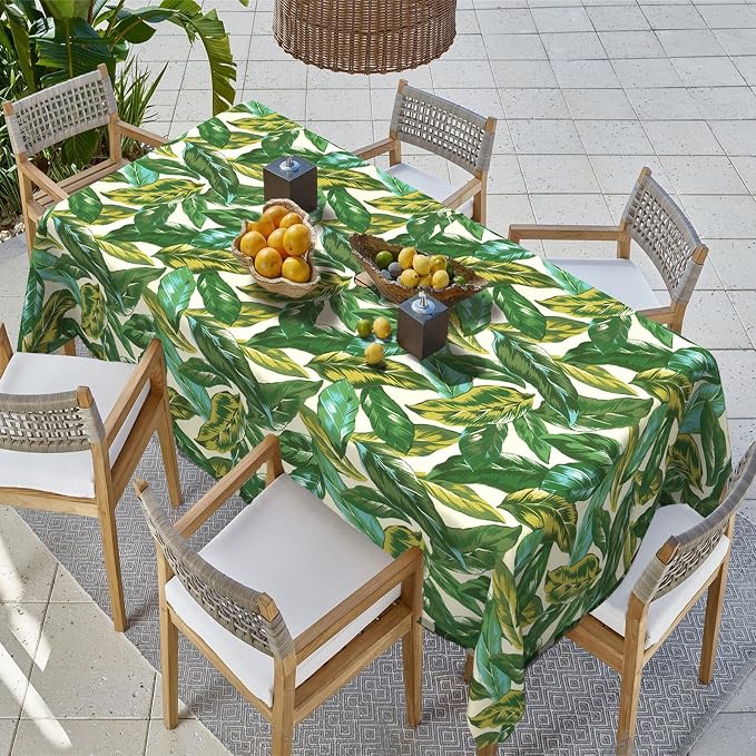 Outdoor Rectangle Tablecloth, 60×84 Inch Water Repellent Picnic Table Cover with Umbrella Hole Zipper for Patio Family Meal, Lush Leaf Jungle
