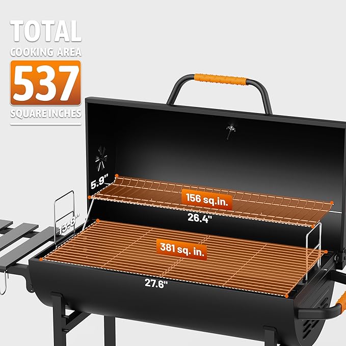 KEYO GRILL 29-Inch Barrel Charcoal Grill, Adjustable Vent Heavy-Duty Outdoor Barbecue Grill with Height Adjustable Charcoal Pan,Warming Rack Outdoor BBQ Grill for Backyard, Patio and Parties, Black