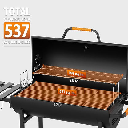 KEYO GRILL 29-Inch Barrel Charcoal Grill, Adjustable Vent Heavy-Duty Outdoor Barbecue Grill with Height Adjustable Charcoal Pan,Warming Rack Outdoor BBQ Grill for Backyard, Patio and Parties, Black