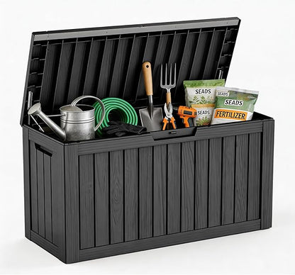 Waterproof Outdoor Storage Box, 85 Gallon Lockable Deck Box, UV-Resistant Outside Storage Bin With Hydraulic Lid For Patio Furniture, Cushion Organizer, Garden Tools, Pool Accessories, Black