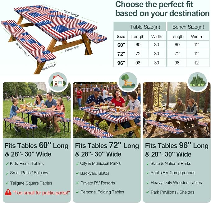 Picnic Table Cover with Bench Covers Camping Essentials Waterproof Windproof Camping Tablecloth with Drawstring Bag, Fitted Rectangle Tables and Seats, 96in, Red Blue White