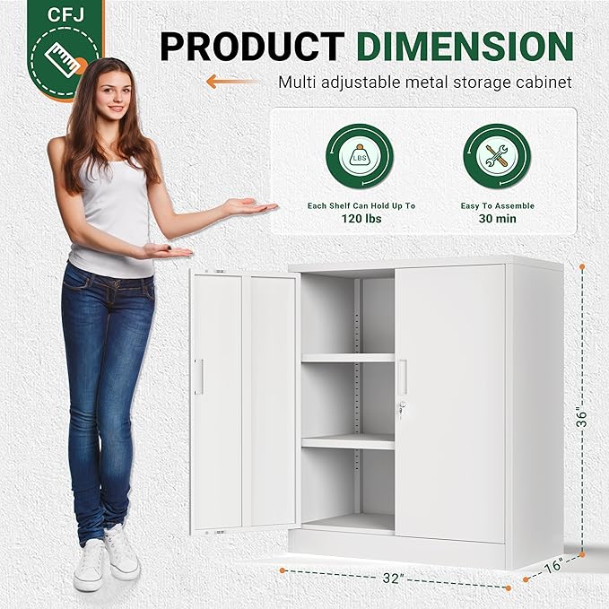 CJF Pantry Cabinet, Metal Pantry Storage Cabinets with Doors and 2 Adjustable Shelves, 36" H Locking Cabinet for Kitchen Storage, Home, Garage, Utility Room and Basement, White