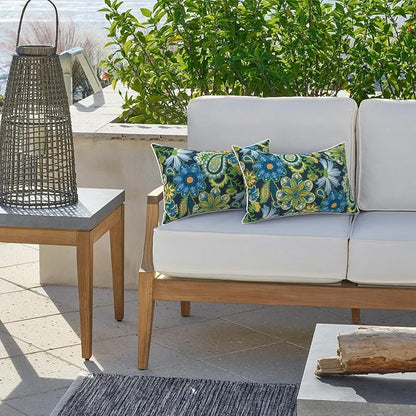 LVTXIII 2 Pack Outdoor Lumbar Pillow Covers 12x20 Inch with Piping, Water-Repellent Back Cushion Covers ONLY for Patio Furniture, Sofa, Garden Bench, Bohemian Azure