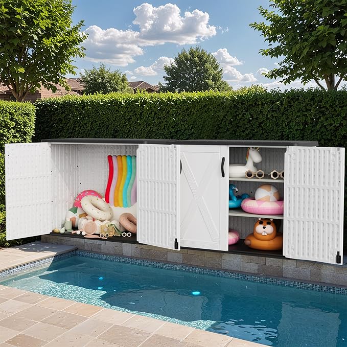 Greesum 26 Cuft Outdoor Storage Box with Lockable Doors, White | Easy to Assemble | All-Weather Resistance | Sturdy Sidehandles | Multi-purpose Resin Large Storage Cabinet