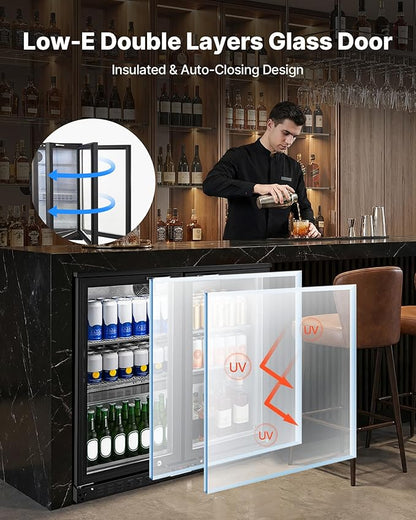 VEVOR Back Bar Cooler, 7.4 Cu. Ft Commercial Beverage Refrigerator, Under Counter Bar Fridge with 2 Glass Doors, LED Lighting, Shelves, Low-E Glass Display Cooler for Beer, Soda, Wine, Drinks