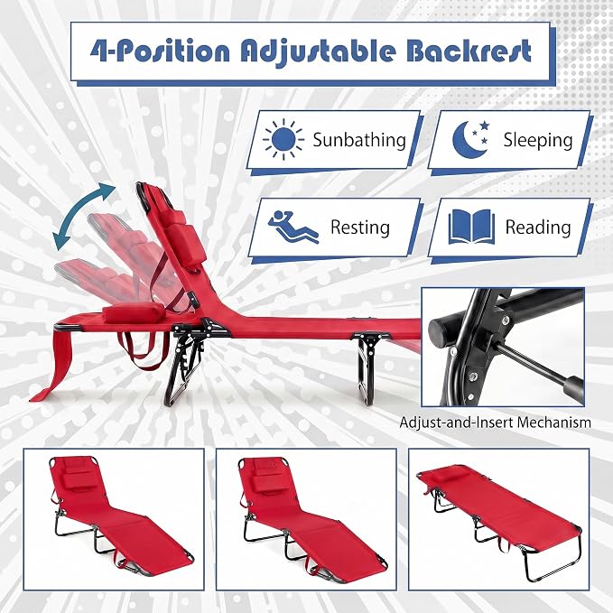 Goplus Tanning Chair, Folding Beach Lounge Chair with Face Hole, Removable Pillow, Carry Strap, Position Adjustable, Sunbathing Chair, Portable Outside Lounge Chair for Patio Pool (1, Red)