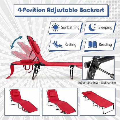 Goplus Tanning Chair, Folding Beach Lounge Chair with Face Hole, Removable Pillow, Carry Strap, Position Adjustable, Sunbathing Chair, Portable Outside Lounge Chair for Patio Pool (1, Red)