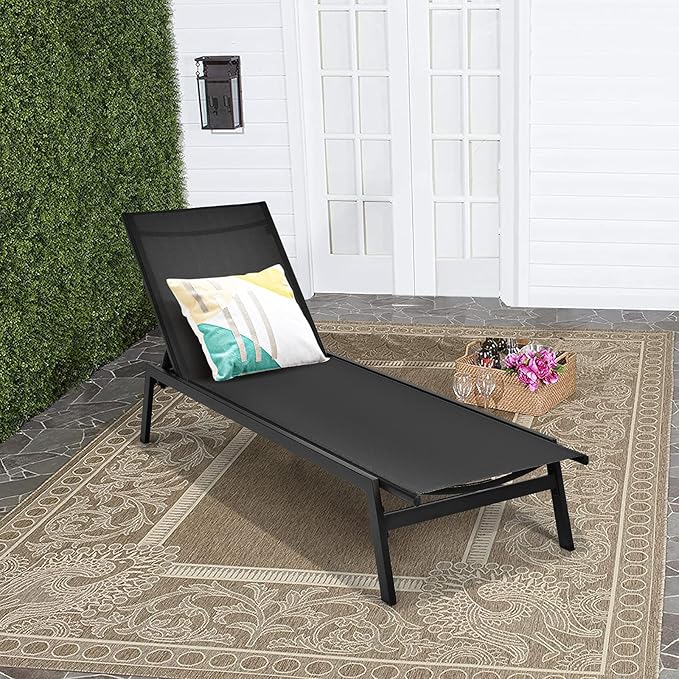 Tangkula Outdoor Chaise Lounge Chair Set of 2, 6-Position Adjustable Reclining Chair with Breathable Fabric and Heavy Duty Steel Frame, Patio Lounge Chair for Garden, Backyard and Poolside (2, Black)
