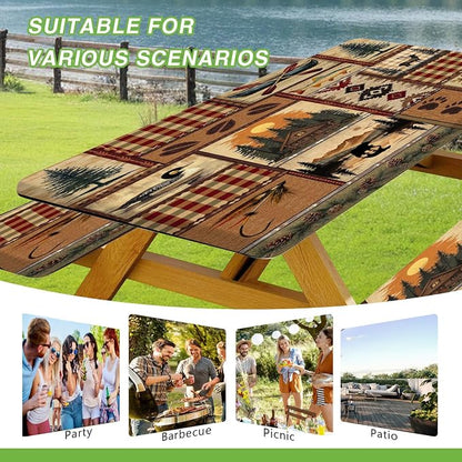 JAWO Rustic Cabin Picnic Table Cover with Bench Covers, Camping Essentials, Bear Deer Country Hunting Outdoor Table Covers, Waterproof, Fitted Tablecloth Cover with Elastic Edge, 3 PCS, 30X72 Inch