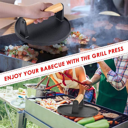 HaSteeL Single Cast Iron Grill Press, Heavy Duty 7In Bacon Burger Press with Wooden Handle, Pre-Seasoned Steak Press Great for Flat Top Griddle Teppanyaki BBQ Grilling Cooking Indoor & Outdoor