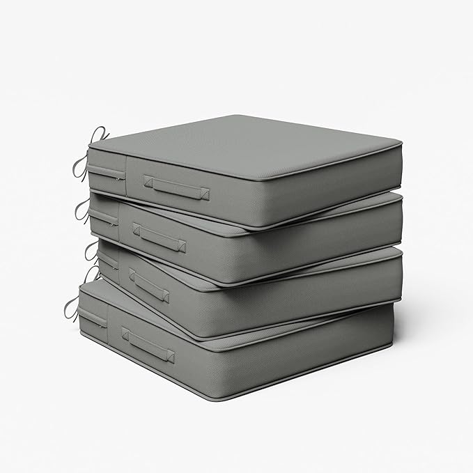 Outdoor Chair Cushion 19 x 19 x 4 Inches Patio Furniture Outdoor Waterproof Seat Cushion, Patio Chair Cushion with Handles and Ties, Square Dining Chair Cushion Set of 4, Light Grey