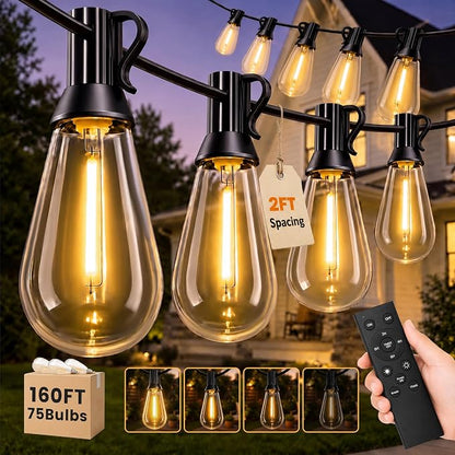 160FT(150+10) Outdoor String Lights, 2FT Spacing 75 LED Edison Bulbs, Waterproof, Shatterproof, Dimmable, Warm White, 3 Modes, Timer, Plug in Hanging Backyard Lights for Outside, Patio