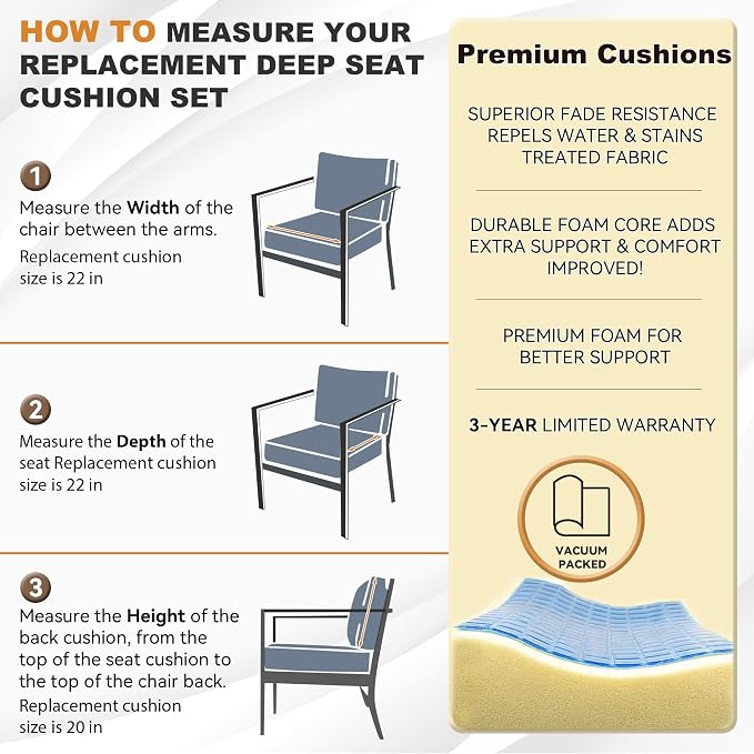 Deep Seat Patio Cushions Set 22 x 22 Inch,Olefin Fabric Outdoor Seat Cushion,Patio Furniture Cushions with Removable Cover,Rain-Proof and Fade Resistant Deep Seat Bottom & Back Cushion,1set