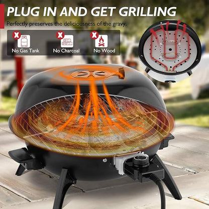 ROVSUN 1600W Vertical Electric Grill with Lid, Red 304 Stainless Steel Grill w/Detachable Pull-out Drip Tray, Double Layer Design, Portable & Removable, for Indoor and Outdoor Use (Black Tabletop)