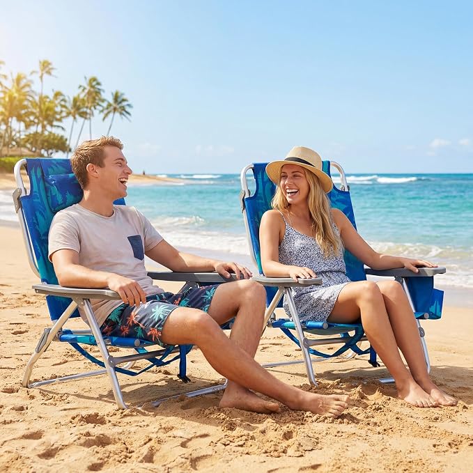 GYMAX Beach Chairs, Backpack Camping Chair | with Armrest, Cooler Bag, Cup Holder & Towel Bar, Sunbath Tanning Lounge, Folding Layout Chair (Without Table, Coconut Tree)