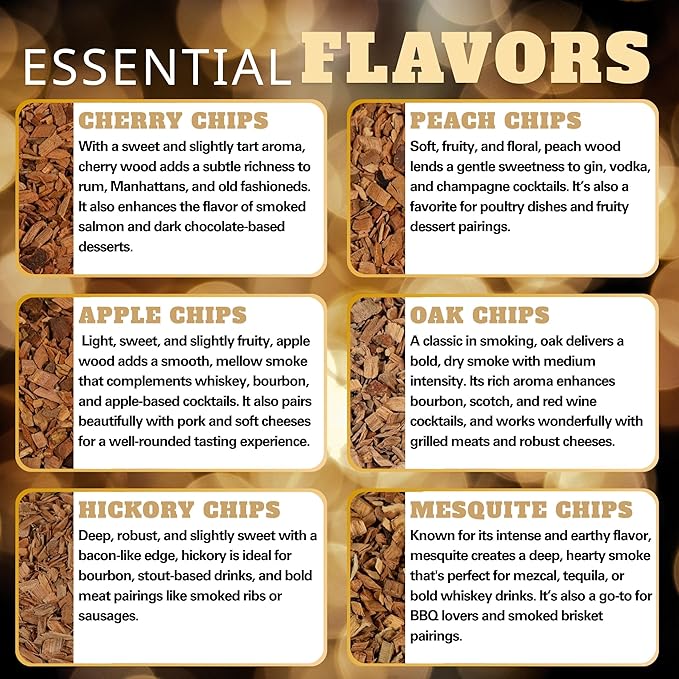 12 Wood chips for Cocktail Smoker/Smoke Gun| Woodchips for Smoking Whiskey/Bourbon/Old Fashioned| Cherry, Apple, Oak, Hickory, Cinnamon, Ginger, Orange Peel, Cloves, Alder, Peach, Rosemary, Mesquite