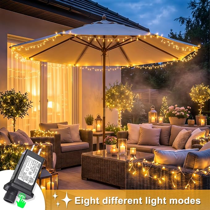262FT 800 LED Outdoor String Lights, Warm White Christmas Lights Indoor | Plug in Waterproof 8 Modes Clear Wire String Twinkle Lights for Bedroom Outside Patio Yard Xmas Party Wedding Decorations