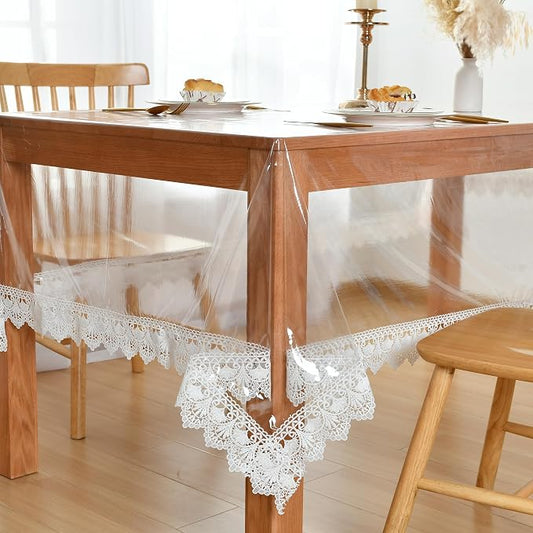 JIUZHEN Clear Vinyl Tablecloth Protector, Waterproof/Oil-Proof, Transparent Lace Trim Table Cloth for Dining, Easy Wipe Clean, Plastic Square Transparent Sheet Table Cover, 54"x54"