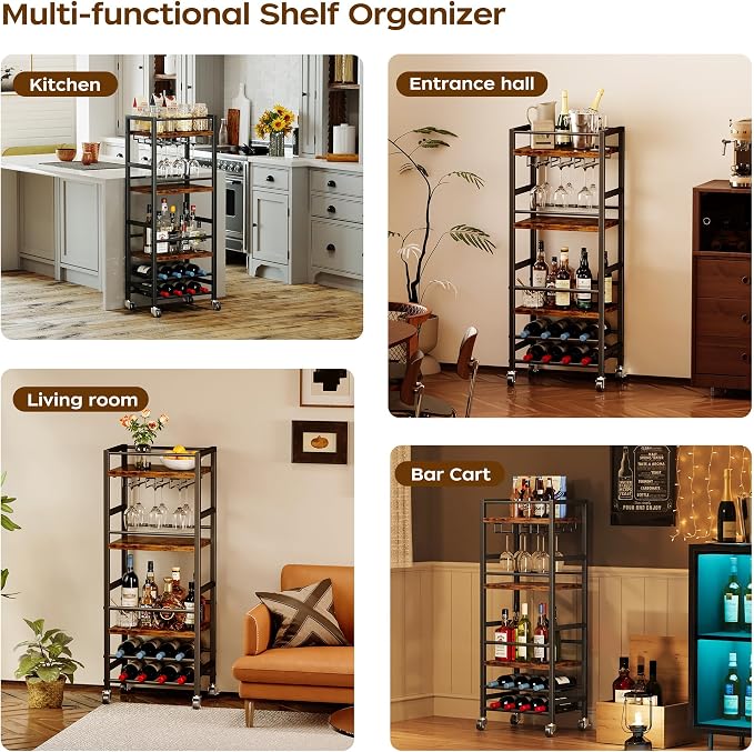 Homeiju Small Bar Cart with 5-Tier Shelf, Mobile Kitchen Shelf with Wine Rack and Glass Holder, Mini Bar Cart for Small Spaces, Rustic Brown