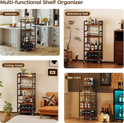 Homeiju Small Bar Cart with 5-Tier Shelf, Mobile Kitchen Shelf with Wine Rack and Glass Holder, Mini Bar Cart for Small Spaces, Rustic Brown