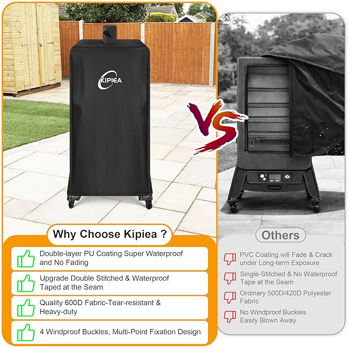 Kipiea 600D Heavy Duty Vertical Smoker Cover for Pit Boss 3/4 / 5/7 Series, Waterproof Pellet Grill Cover with Windproof Buckles, UV Resistant, No Tear, No Fading