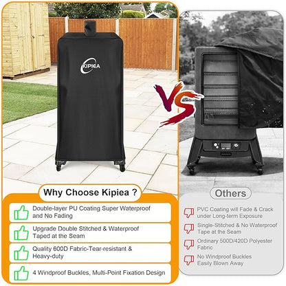 Kipiea 600D Heavy Duty Vertical Smoker Cover for Pit Boss 3/4 / 5/7 Series, Waterproof Pellet Grill Cover with Windproof Buckles, UV Resistant, No Tear, No Fading