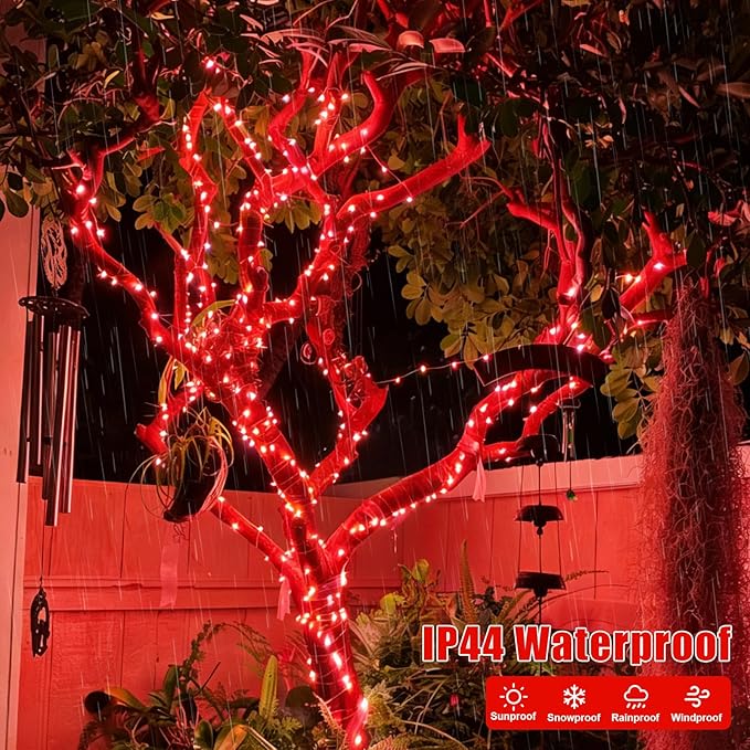 YEGUO 4 Pack Red Solar Fairy Lights, Each 33ft 100 LED Valentines Lights Outdoor Waterproof, 8 Modes Sliver Wire Solar Christmas String Lights