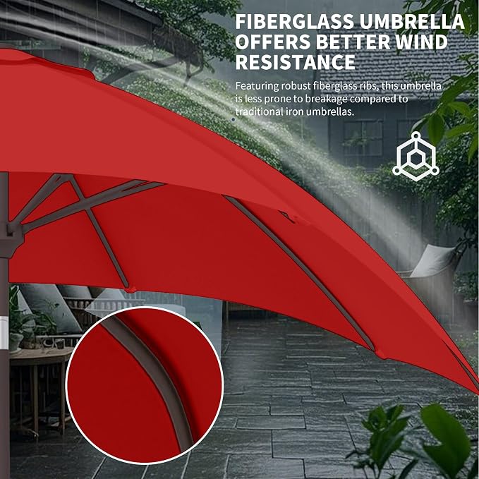 Kingdura 10FT Outdoor Patio Umbrella, Round Market Table Umbrella with Push‑Button Tilt and Crank Lift, 8 Sturdy Metal Ribs, UV50+ Protection Canopy for Backyard, Lawn, Deck, Poolside, Garden (Red)